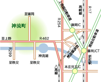 神流町の場所と電車やバスなどが明記された地図