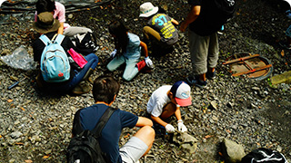 帽子を被りリュックを背負った子供たちが河原で化石を探している様子の写真（神流町恐竜センターのサイトへリンク）