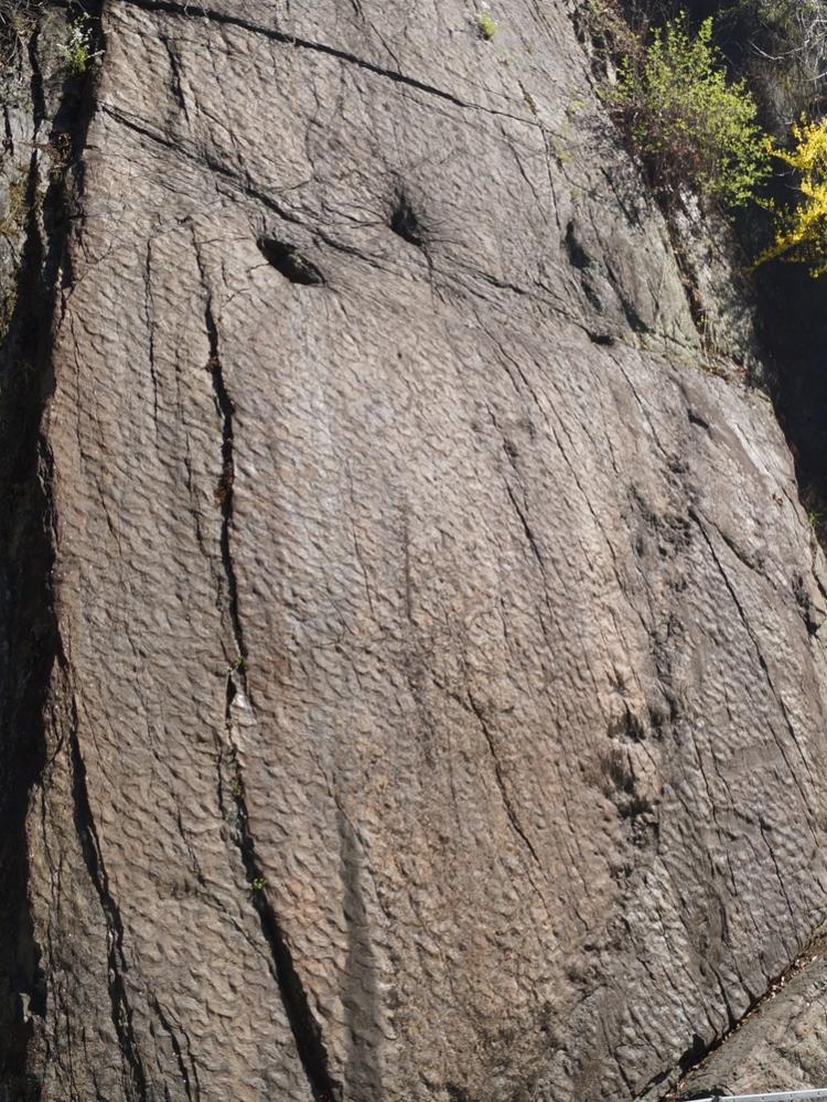 晴れた日にそびえたつ恐竜の足跡化石。岩壁には波の跡と恐竜の足跡と言われる小さなくぼみがついている。