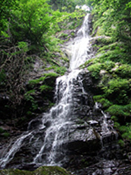 中央にある段々になっている岩場の崖から「小豆の滝」の水が流れ落ちている写真